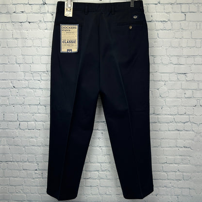 Dockers khaki pants in classic fit, navy blue color, rear view with tags