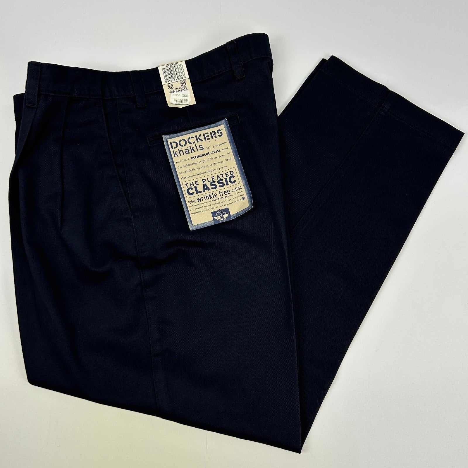 Dockers khaki pants in navy, classic fit, size available, front view with tag