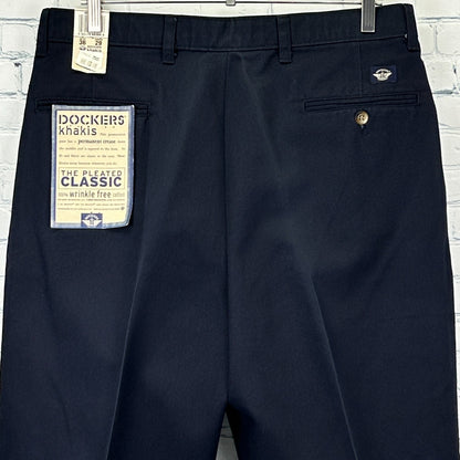 Dockers khaki pants from the 1990s in dark blue, size 36, back view with tags attached