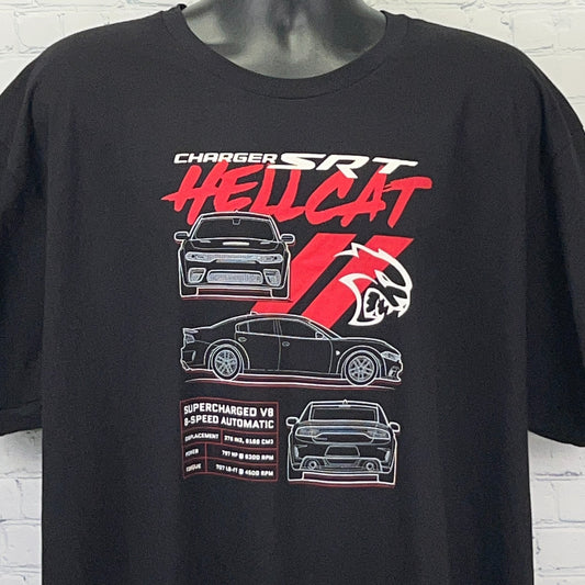Black t-shirt featuring Dodge Charger SRT Hellcat graphic with front and back car views