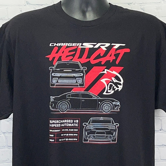 Black T-shirt featuring detailed Dodge Charger SRT Hellcat graphic with specifications and logo