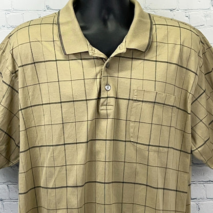 Donald J Trump Beige Short-Sleeve Polo Shirt with Checkered Pattern and Pocket Detail