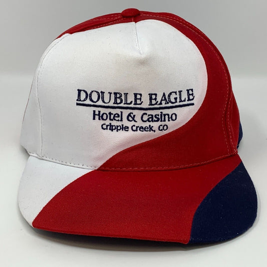 Front view of a red and white cap featuring DOUBLE EAGLE Hotel & Casino logo from Cripple Creek, CO