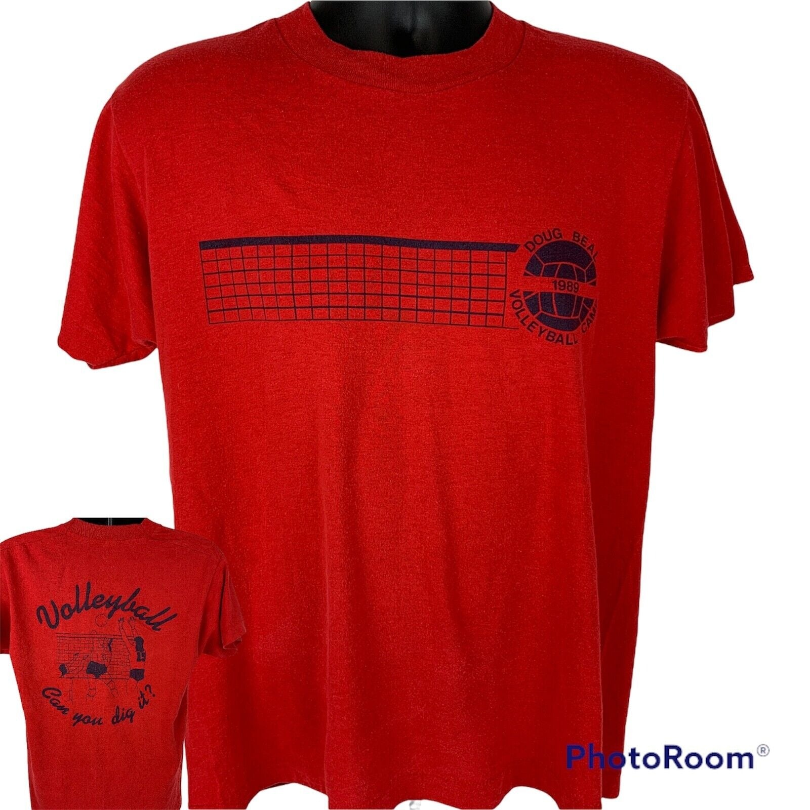 Red Screen Stars T-Shirt with Volleyball graphic on front, size large, featuring a playful slogan