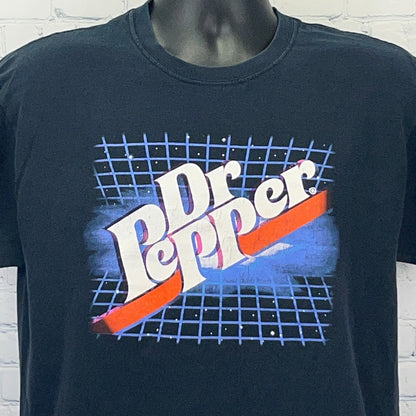 Black Dr Pepper t-shirt featuring retro logo with grid pattern in front view