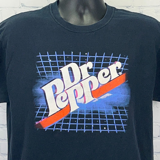 Black Dr Pepper t-shirt featuring retro logo with grid pattern in front view