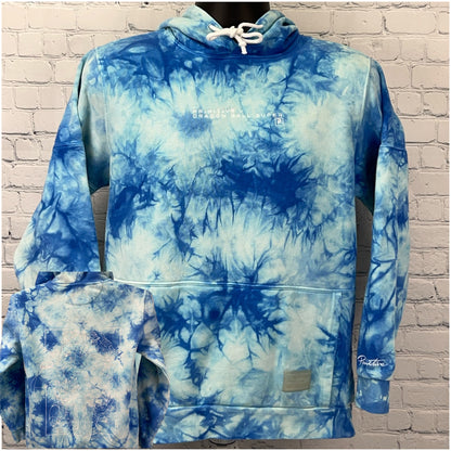 Blue tie-dye Primitive Apparel hoodie featuring Dragon Ball Super logo, front view, size small