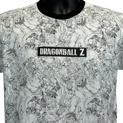 Front view of Dragon Ball Z t-shirt in white with black detailing and logo, featuring a unique character design
