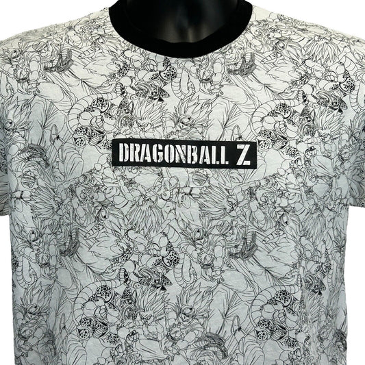 Front view of Dragon Ball Z t-shirt in white with black detailing and logo, featuring a unique character design