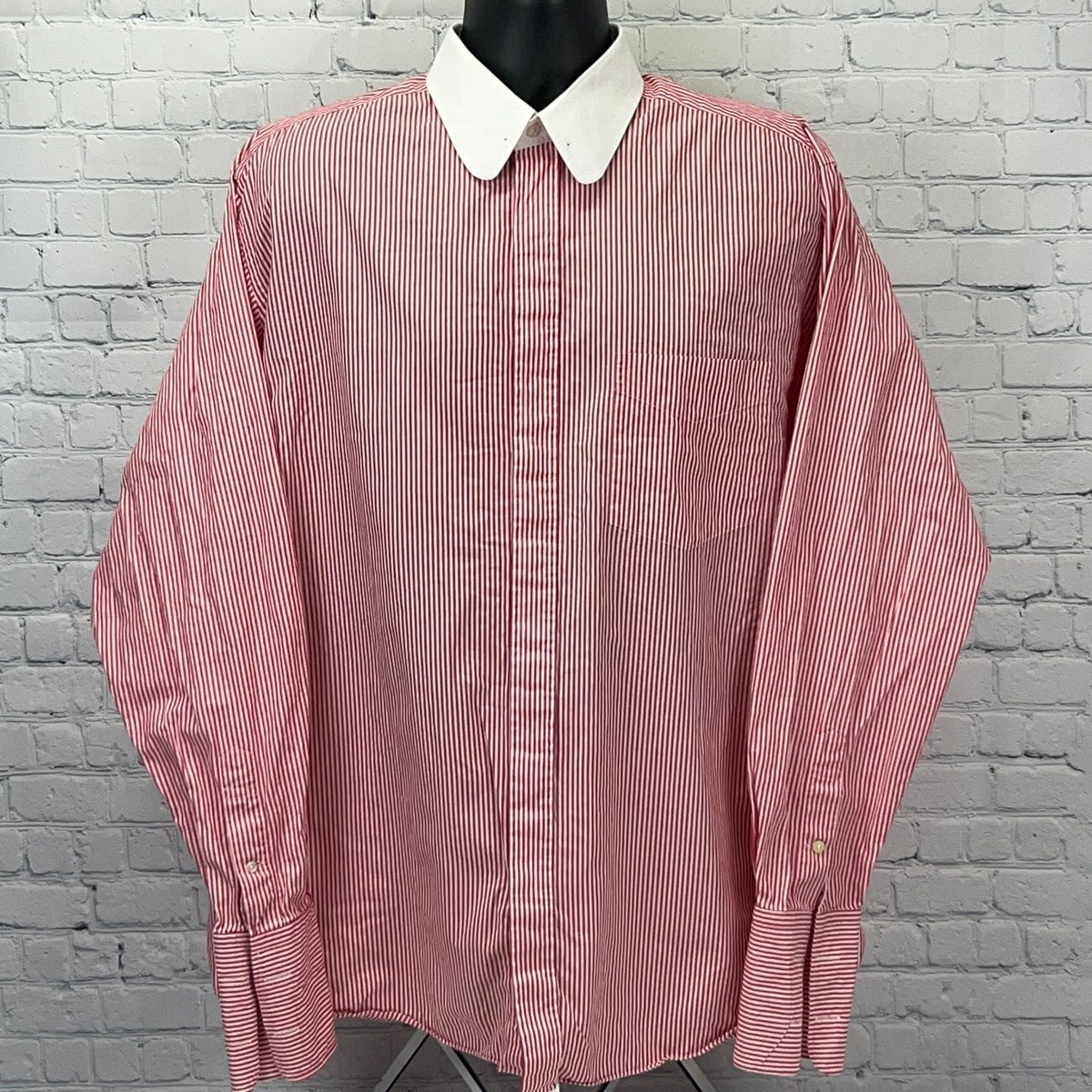 Hemrajani Brothers Red and White Striped Dress Shirt with Button-Down Collar, Size XXL