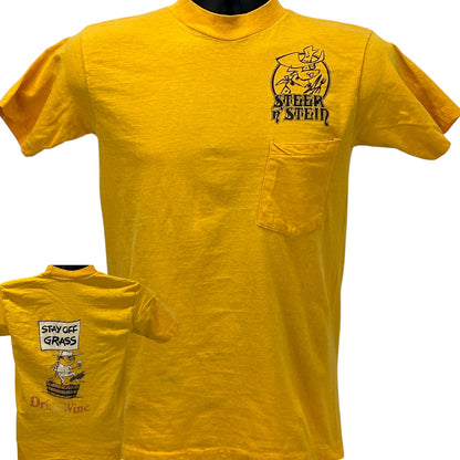 Yellow Anvil T-Shirt in size medium, featuring a pocket logo and back graphic saying Stay Off Grass Wine