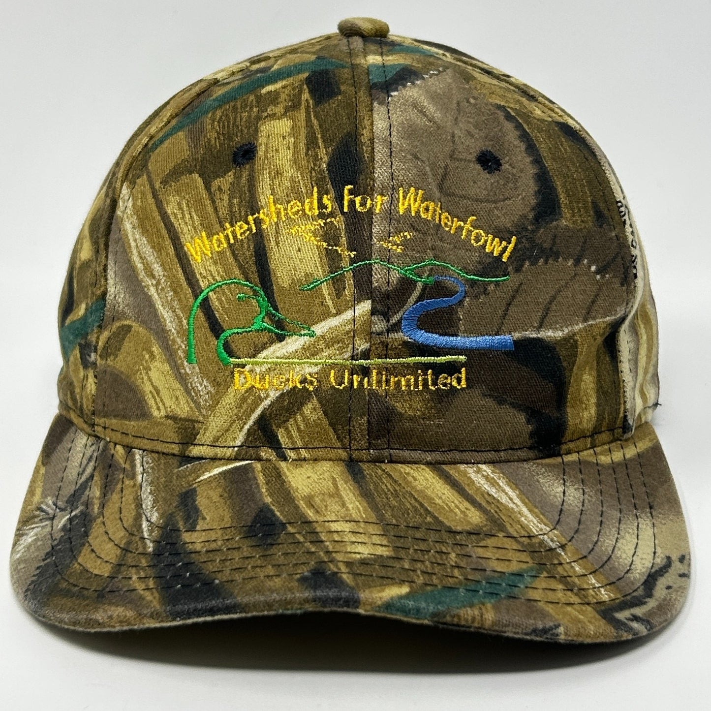 Camo Ducks Unlimited baseball cap with Watersheds for Waterfowl logo on the front