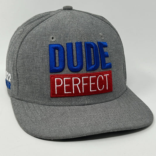 Dude Perfect Gray Cap with Embroidered 'DUDE' and 'PERFECT' Patches in Bold Colors