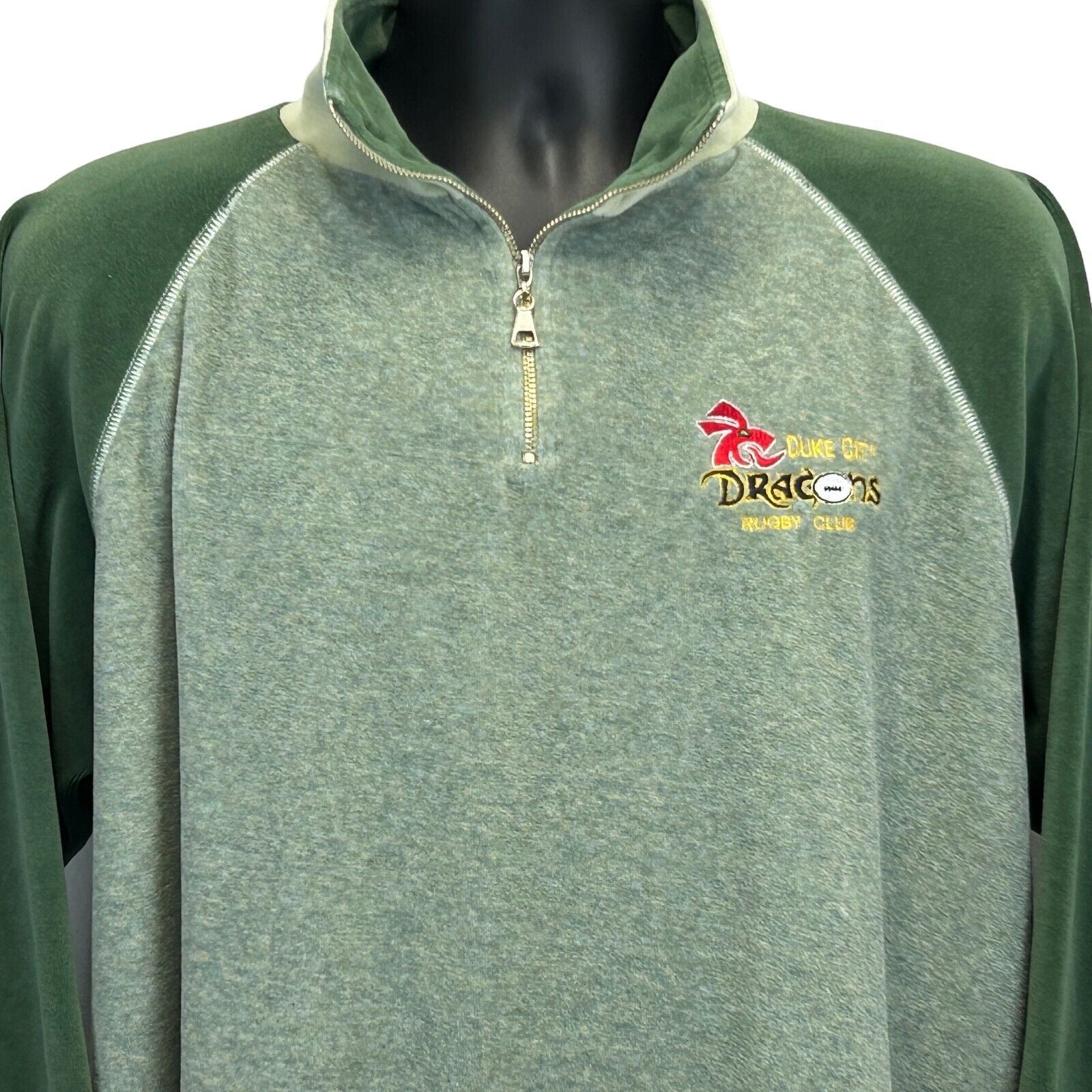 Sport Savvy Green Quarter-Zip Sweater featuring Duke City Dragons Rugby Club logo on chest