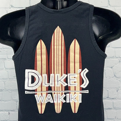 Front view of Dukes Waikiki Tank Top in black with colorful surfboard graphic