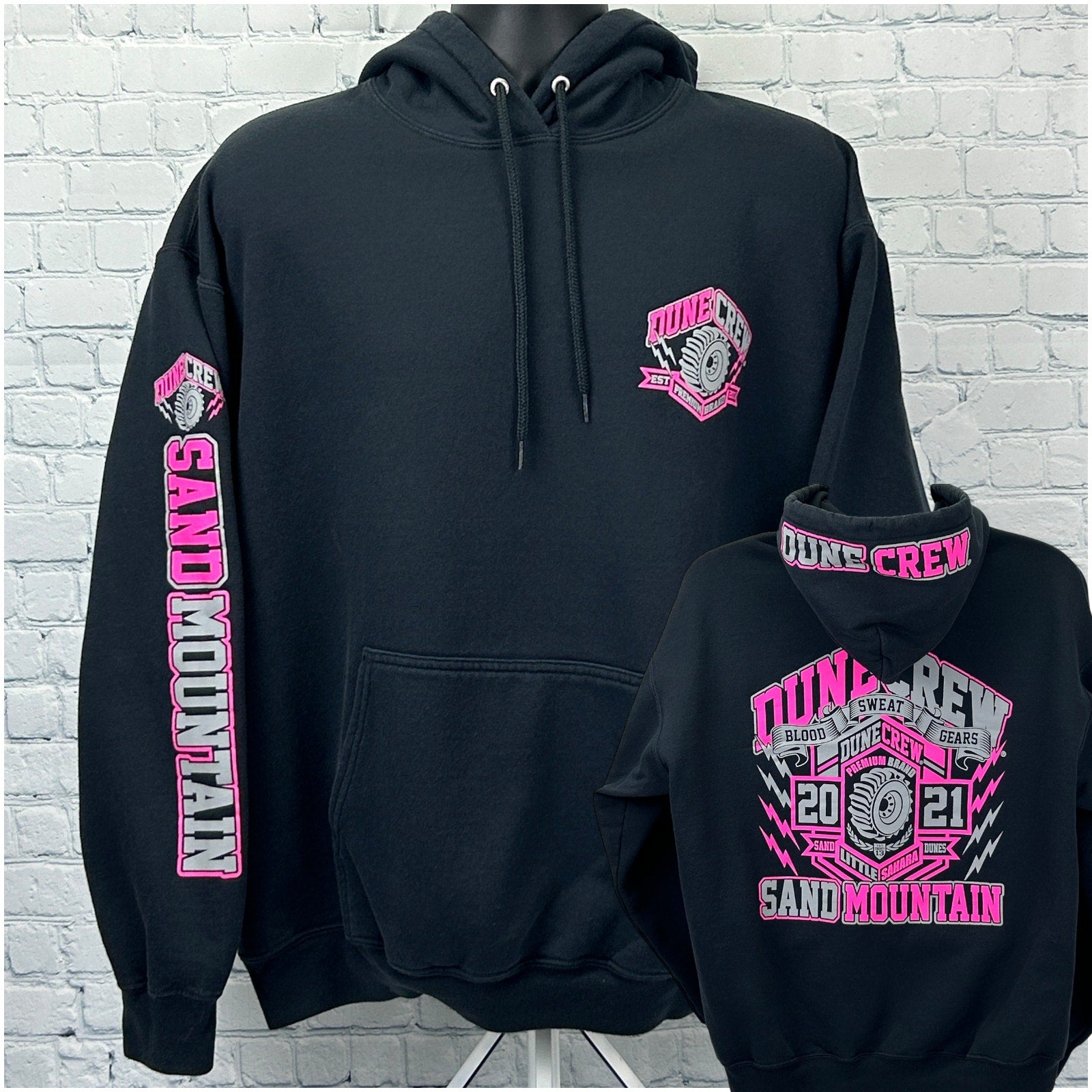 Port & Company Black Hoodie with Pink Dune Crew Logo on Front and Sleeve in Size Medium