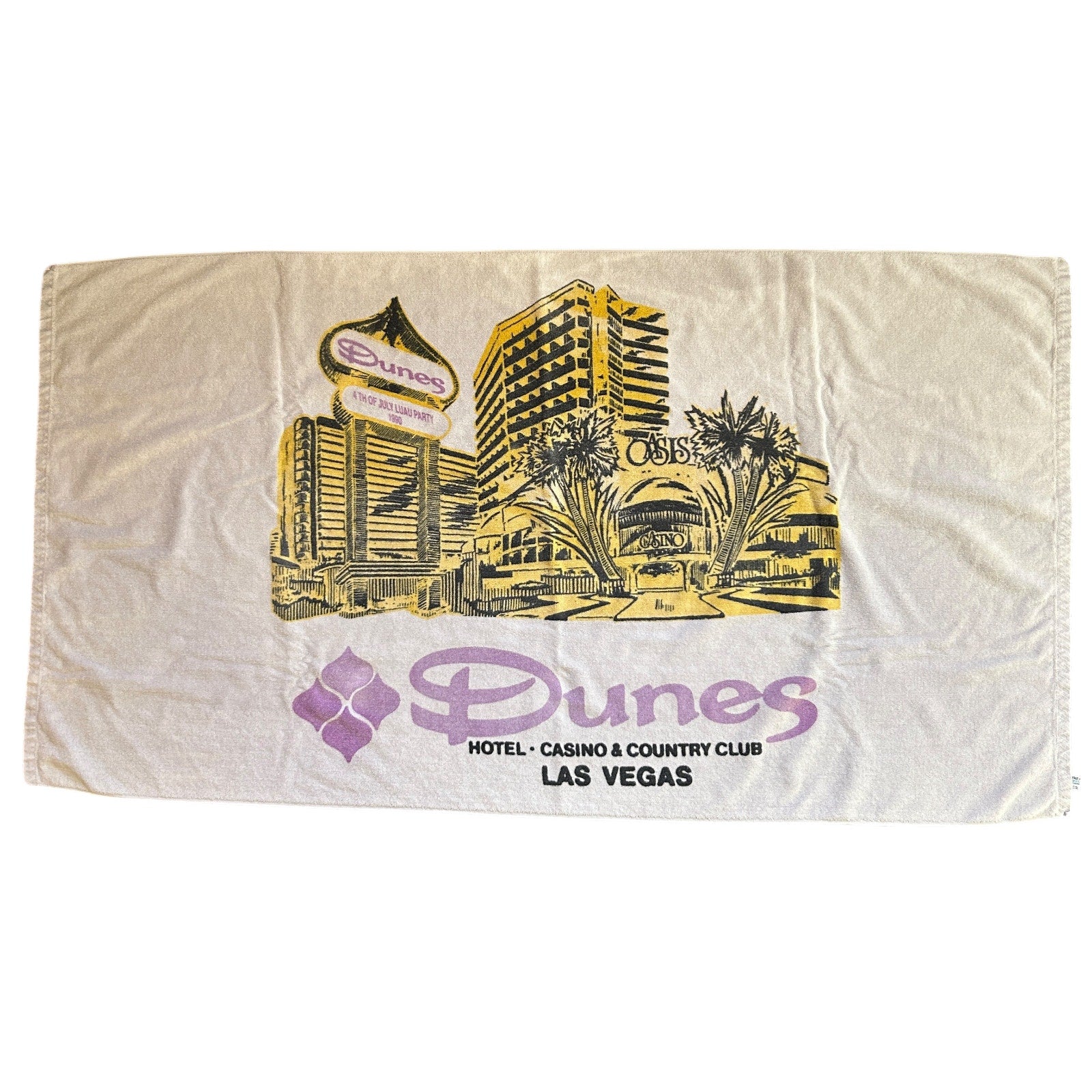 Vintage Dunes Hotel Casino Country Club towel in white with yellow and purple Las Vegas graphic design