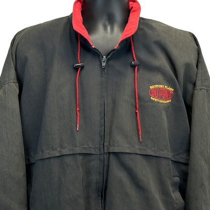 Hilton black jacket with red lining, front view featuring DuPont Bayport Plant logo and adjustable hood