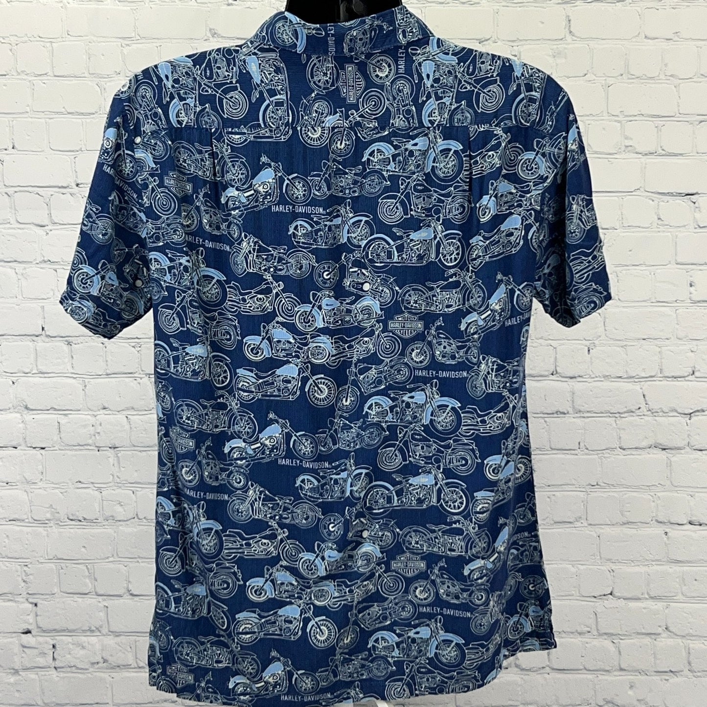Harley Davidson Motorcycles Button Front Hawaiian Camp Shirt M Medium Blue Biker