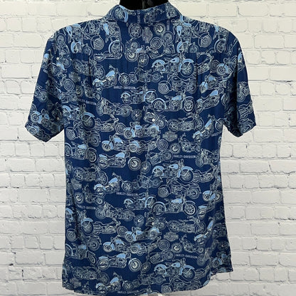 Harley Davidson Motorcycles Button Front Hawaiian Camp Shirt M Medium Blue Biker