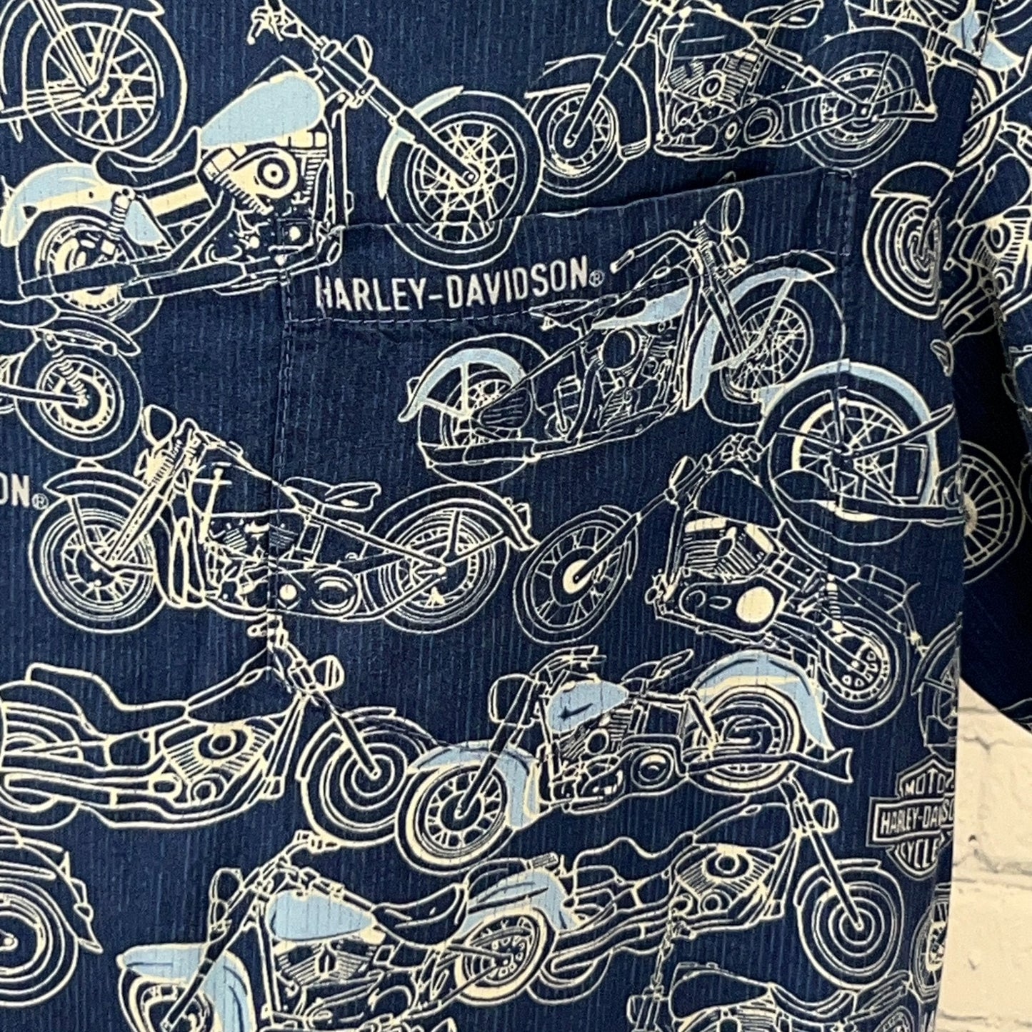 Harley Davidson Motorcycles Button Front Hawaiian Camp Shirt M Medium Blue Biker