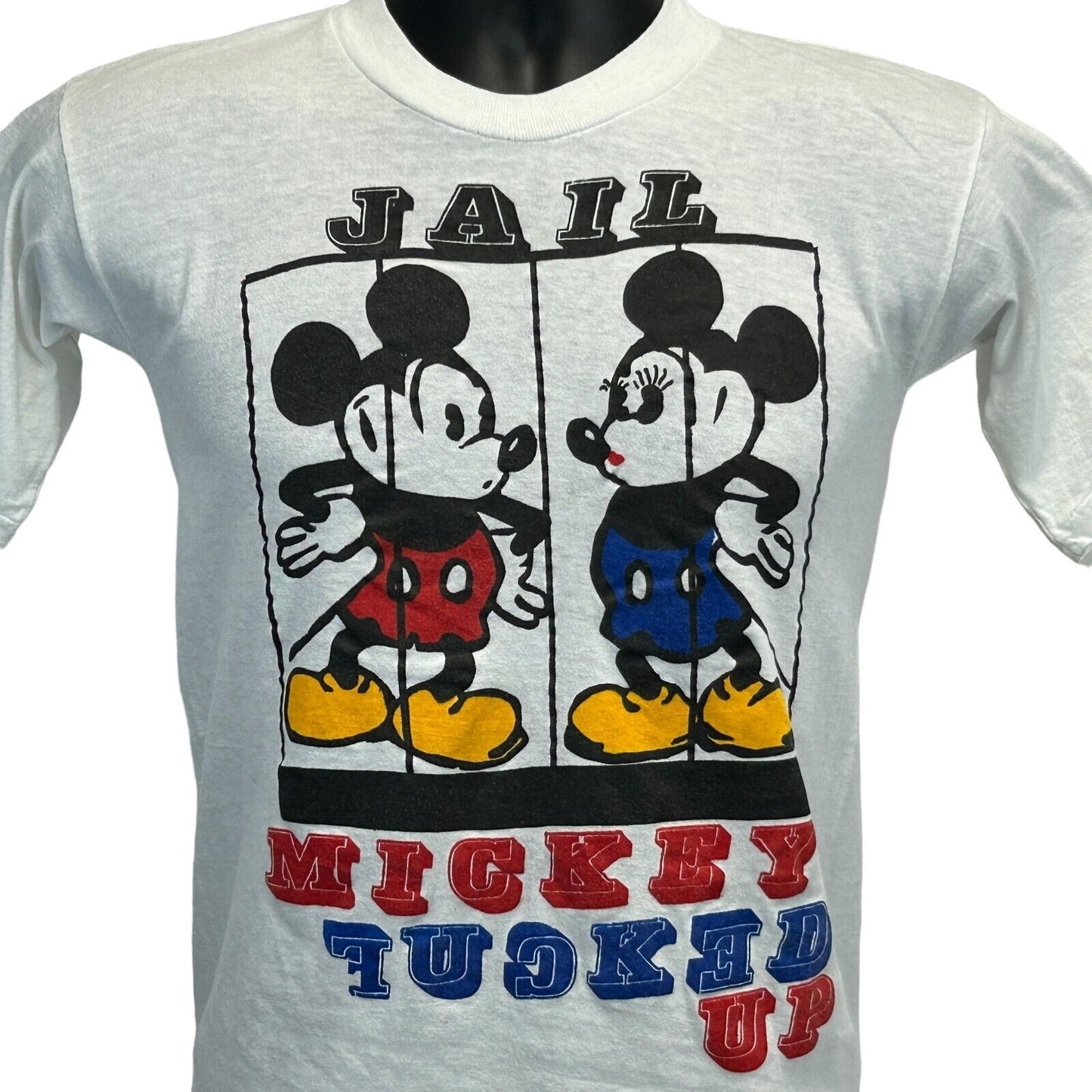 Mickey Mouse Fcked Up Vintage T Shirt X-Small 80s Jail Prison Minnie Mens White