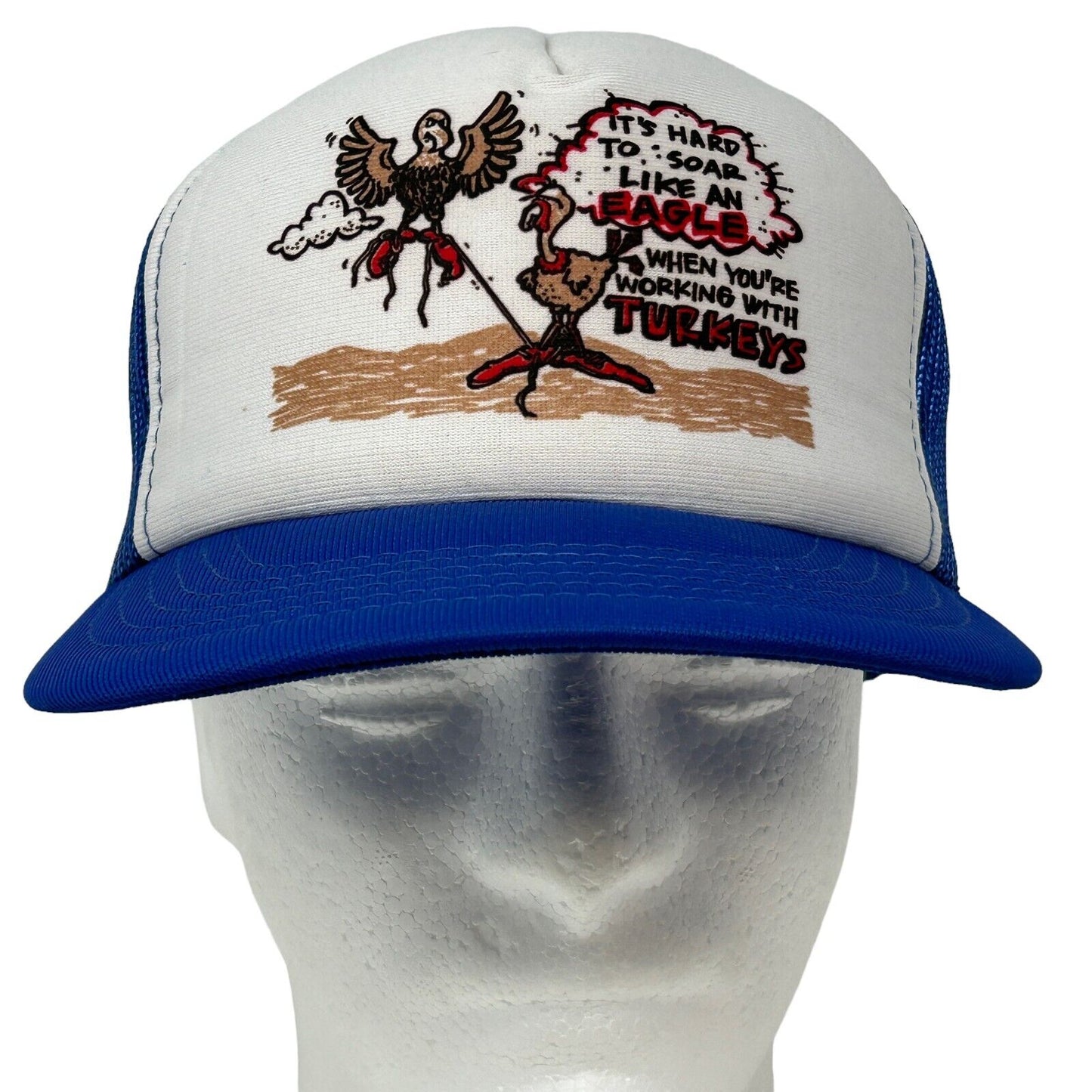 Working With Turkeys Trucker Hat Vintage 80s Blue Funny Snapback Baseball Cap