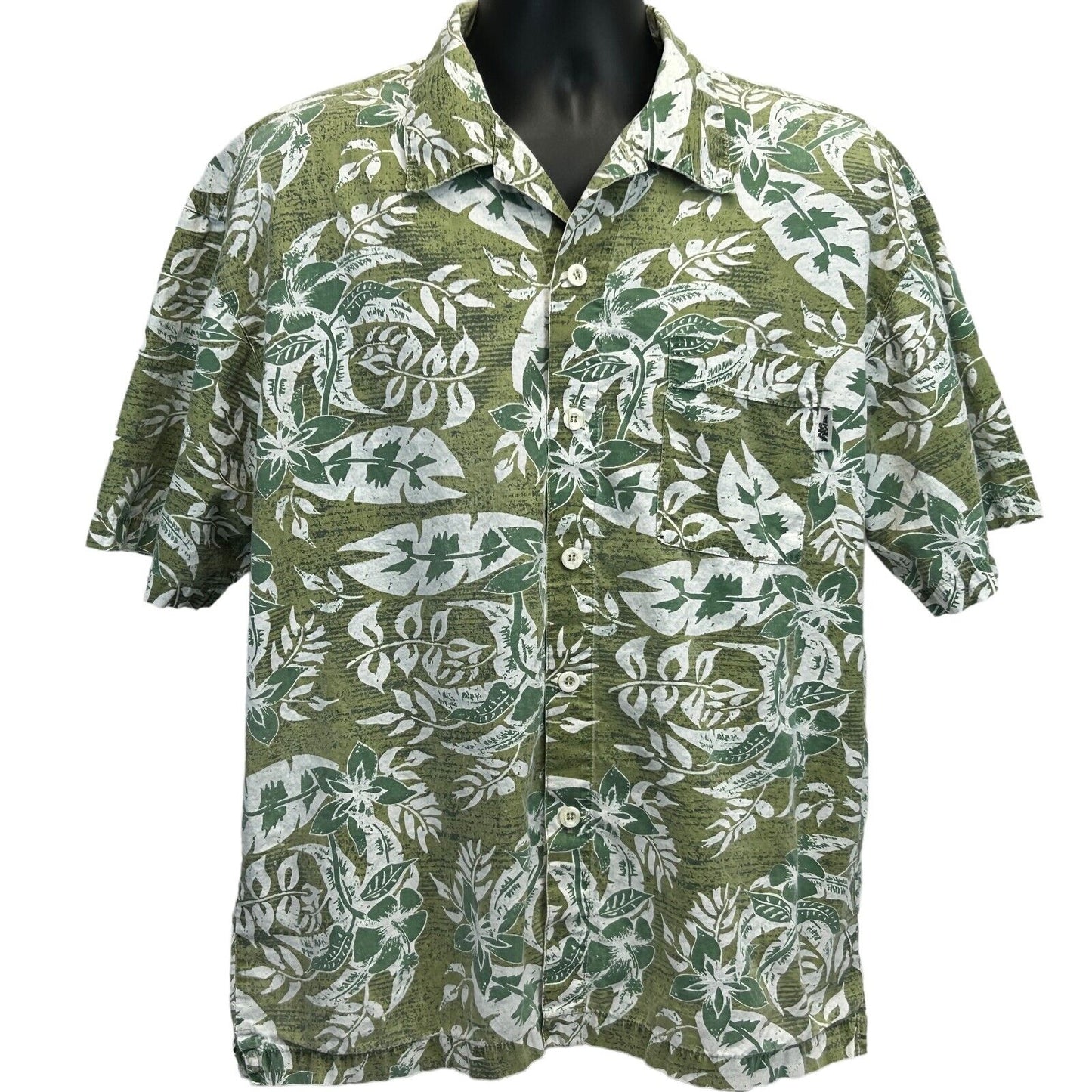 Camisa hawaiana vintage de los años 90 con botones grandes en el frente, estilo campamento, para hombre, color verde, fabricada en EE. UU.