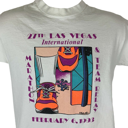 Camiseta vintage de los años 90 con diseño de maratón de Las Vegas, para hombre, color blanco, talla pequeña, para correr, fabricada en EE. UU.