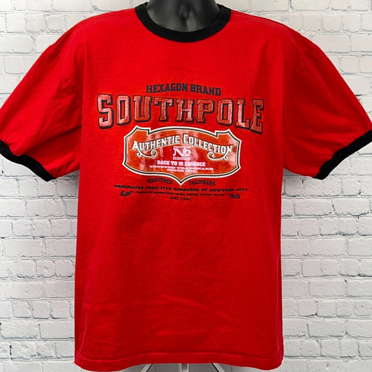 Vintage 90s Y2Ks Southpole Ringer T Shirt Hexagon Brand Short Sleeve Red L Large