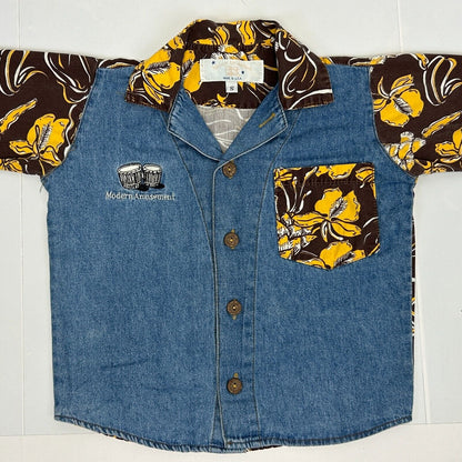 Vintage Modern Amusement Boys Denim Hawaiian Shirt Small Button Front USA Blue