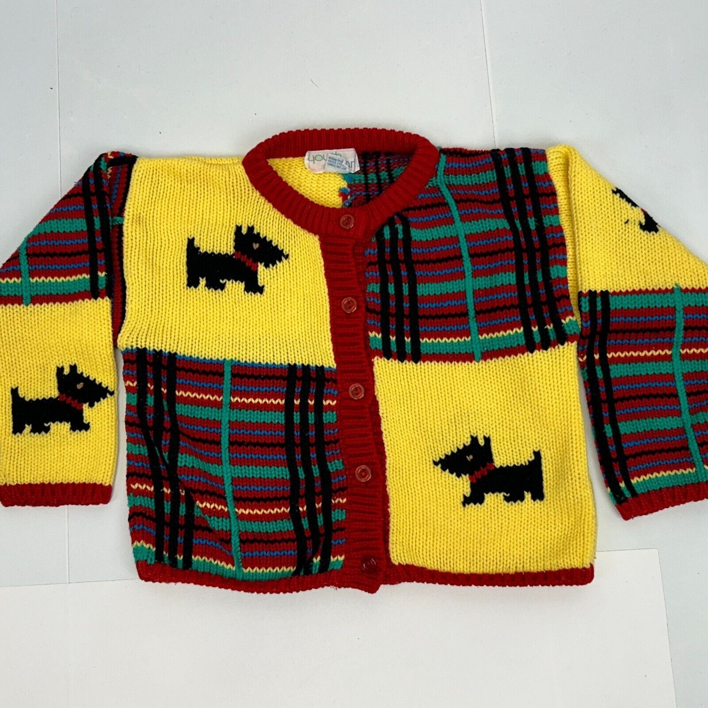 Vintage Scottie Dog Girls Cardigan Sweater Small Plaid Scottish Terrier 80s Red