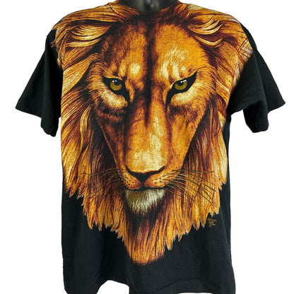 Camiseta vintage de los años 90 con cabeza de león, talla extragrande, estilo safari africano, fabricada en EE. UU., para hombre, color negro