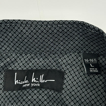 Nicole Miller Button Front Dress Shirt Black Gray Geometric Mens L Large 16-16.5