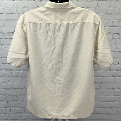 Intel HP Camp Shirt Button Front Hewlett Packard Pocket Silk Blend Beige L Large