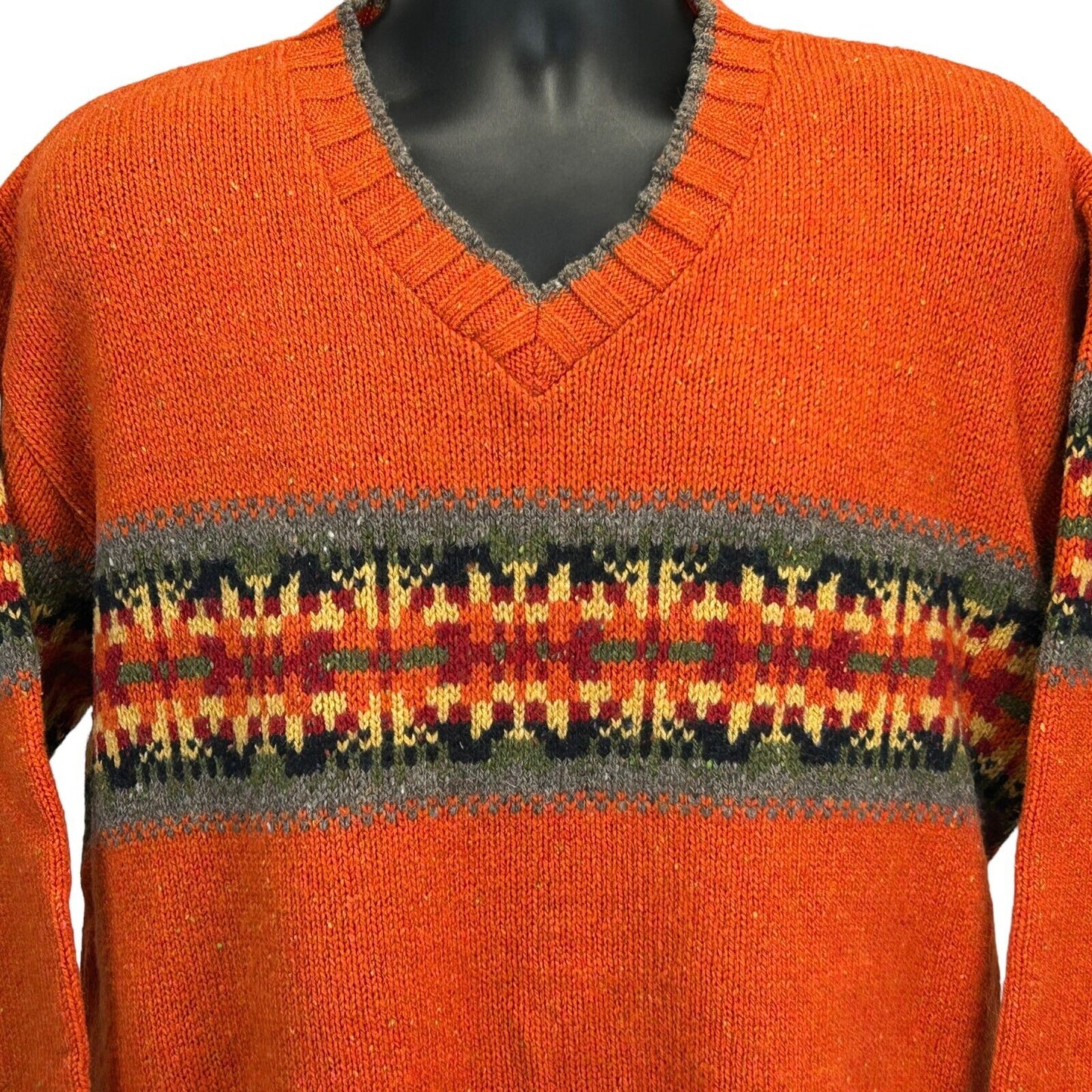 Eddie Bauer Vintage 90s Wool Blend Sweater Orange V Neck Made In USA Large