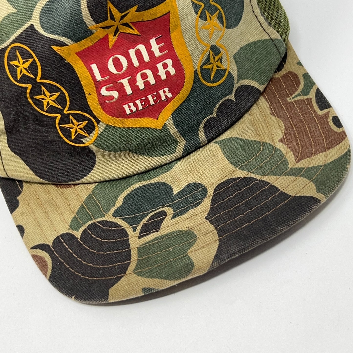 Vintage 80s Lone Star Beer Trucker Hat Baseball Cap Camouflage Snapback Green