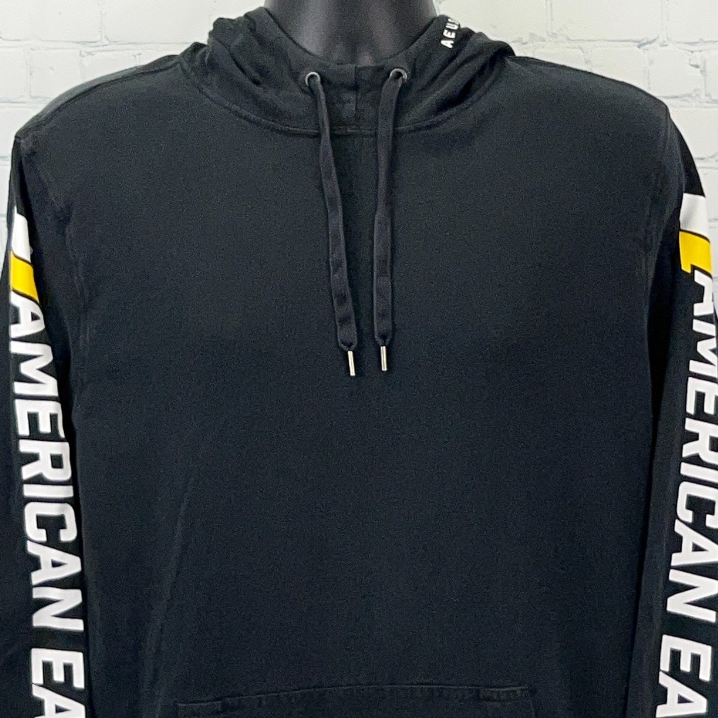 American Eagle T Shirt Hoodie Black AEUSA‑77 Graphic Sleeve Logo XL X‑Large