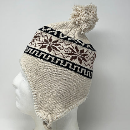 Beige Brown Ear Flap Winter Hat Beanie One Size Knit Pom Tassel Fleece Lined