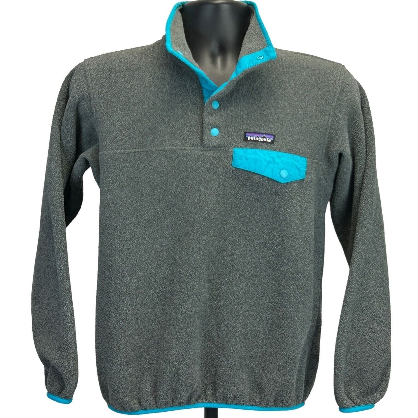 Patagonia Synchilla Henley Fleece Jacket Mens Small Gray Teal Sweater Pocket