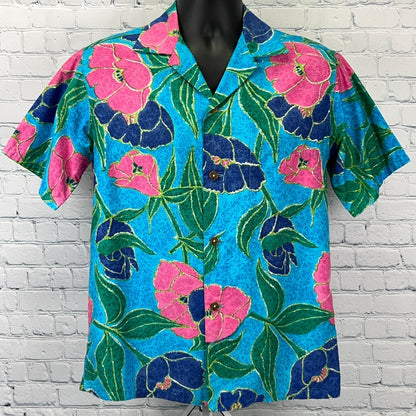 Vintage 60s Sun Fashions Casual Ceire Hawaiian Button Front Shirt Blue M Medium