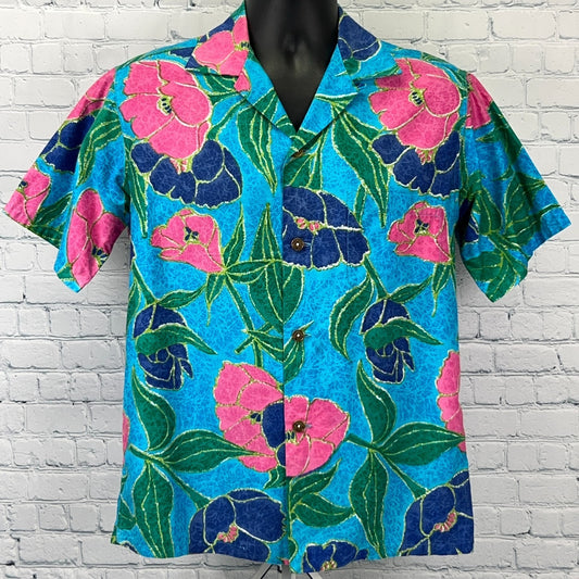 Vintage 60s Sun Fashions Casual Ceire Hawaiian Button Front Shirt Blue M Medium