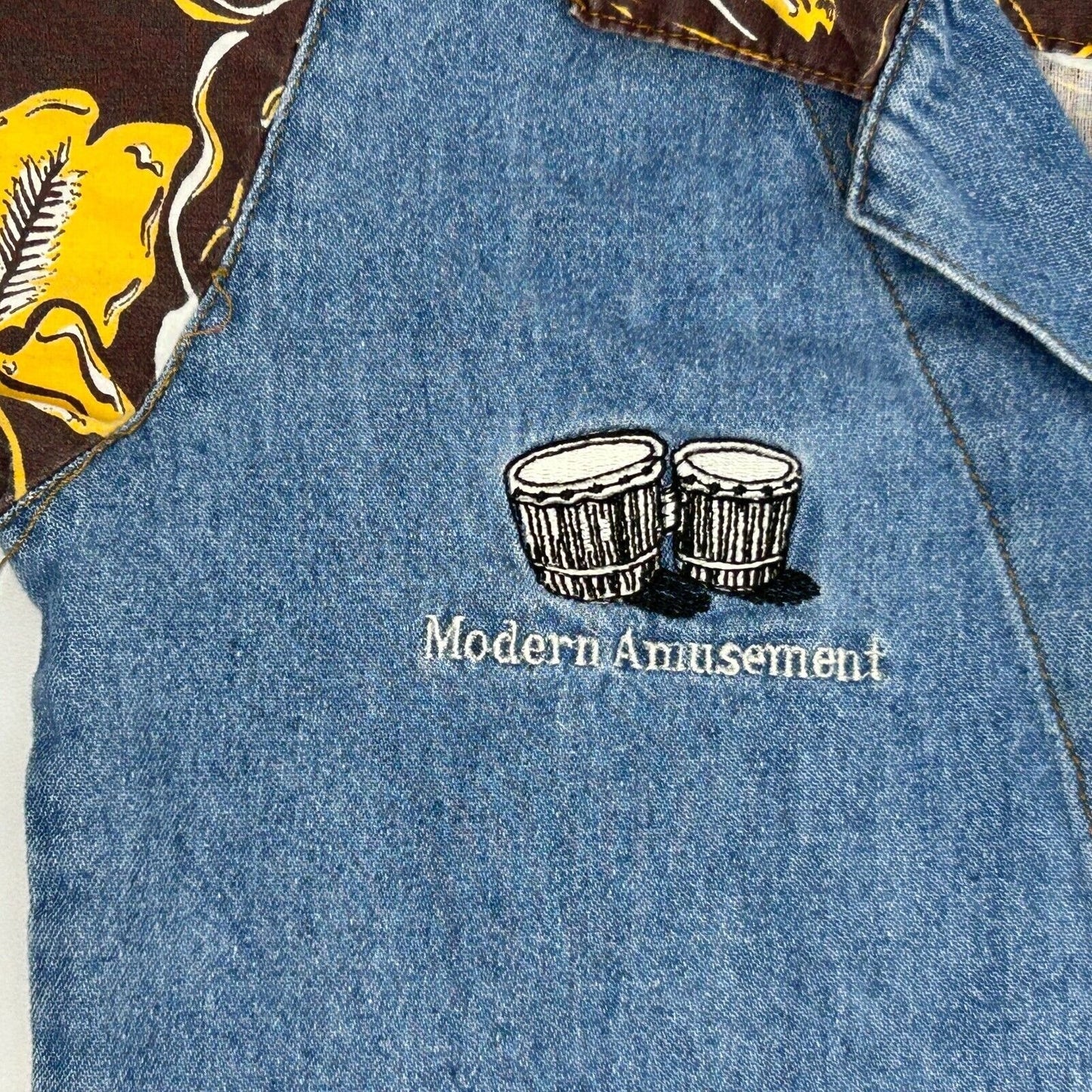 Vintage Modern Amusement Boys Denim Hawaiian Shirt Small Button Front USA Blue