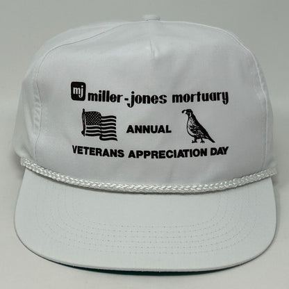 Vintage Miller Jones Mortuary Baseball Hat Cap Snapback White Veterans Day Rope