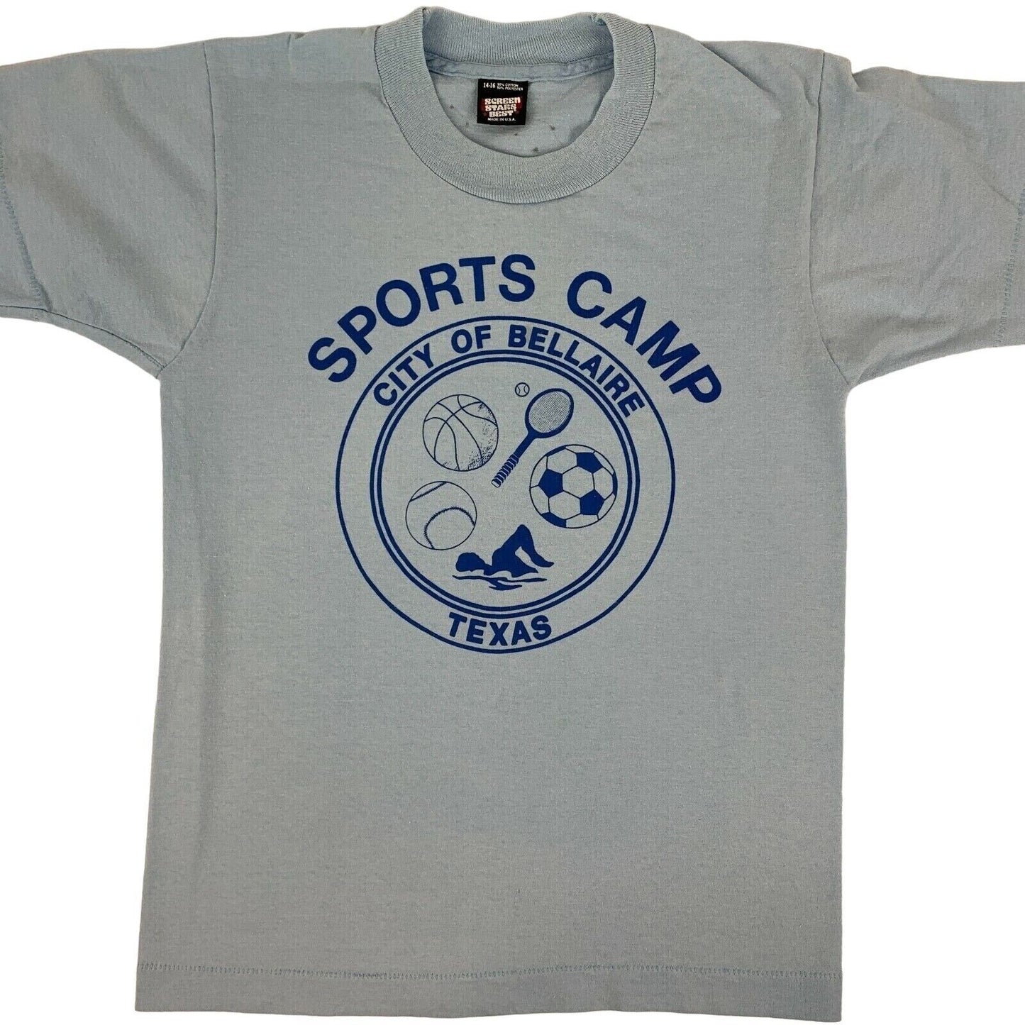 Vintage Sports Camp Bellaire Texas T Shirt Youth 14-16 Eric Yelding 80s USA Blue