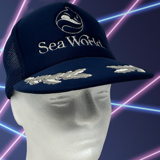 Vintage SeaWorld Trucker Hat Baseball Cap Sea World 80s Scrambled Eggs Mesh Blue