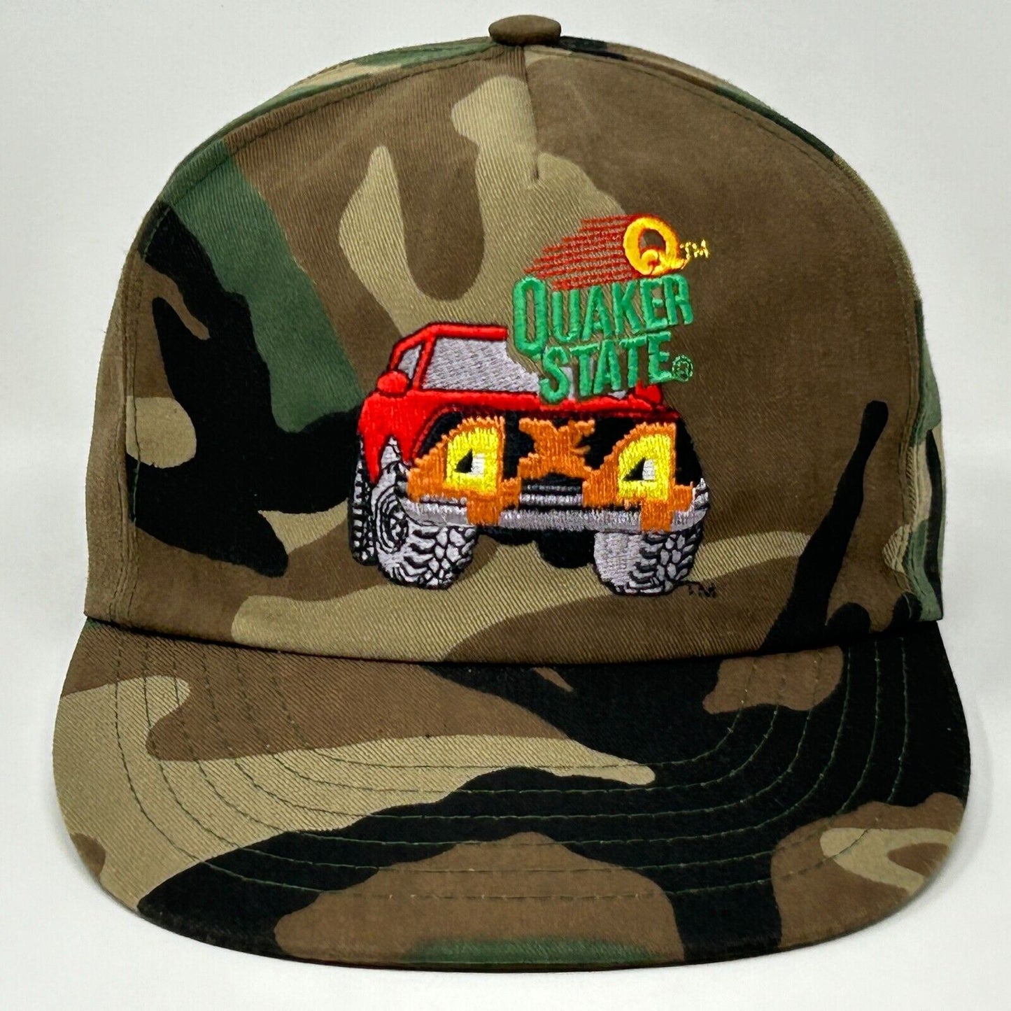 Gorra de béisbol con visera ajustable y estampado de camuflaje verde de los años 80 con la marca Quaker State 4x4 Truck