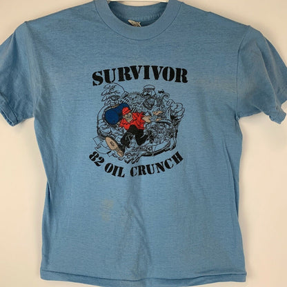 Camiseta vintage Survivor 1982 Oil Crunch, pequeña, gas, petróleo, Texas, años 80, para hombre, azul