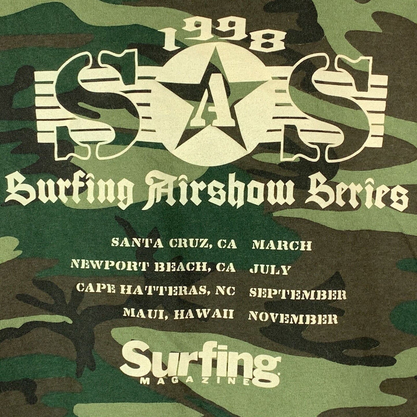 SAS Surfing Magazine Airshow Series Vintage 90s T Shirt Surfer Camouflage Large