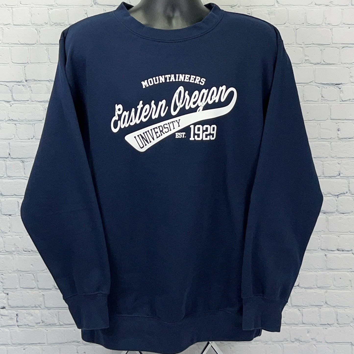 Navy Eastern Oregon University Sweatshirt with Mountaineers logo and established 1929 detail on the front